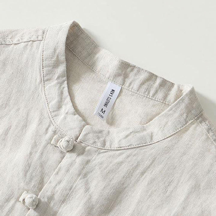 Buddha Stones Daily Frog-Button Stand Collar Short Sleeve Linen Men's Shirt - image 14