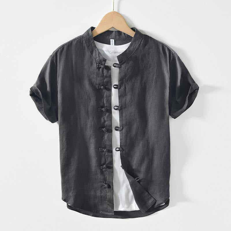 Buddha Stones Daily Frog-Button Stand Collar Short Sleeve Linen Men's Shirt - DimGray - US/UK/AU42，EU52 (3XL) - image 0
