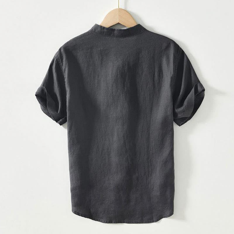 Buddha Stones Daily Frog-Button Stand Collar Short Sleeve Linen Men's Shirt - image 1