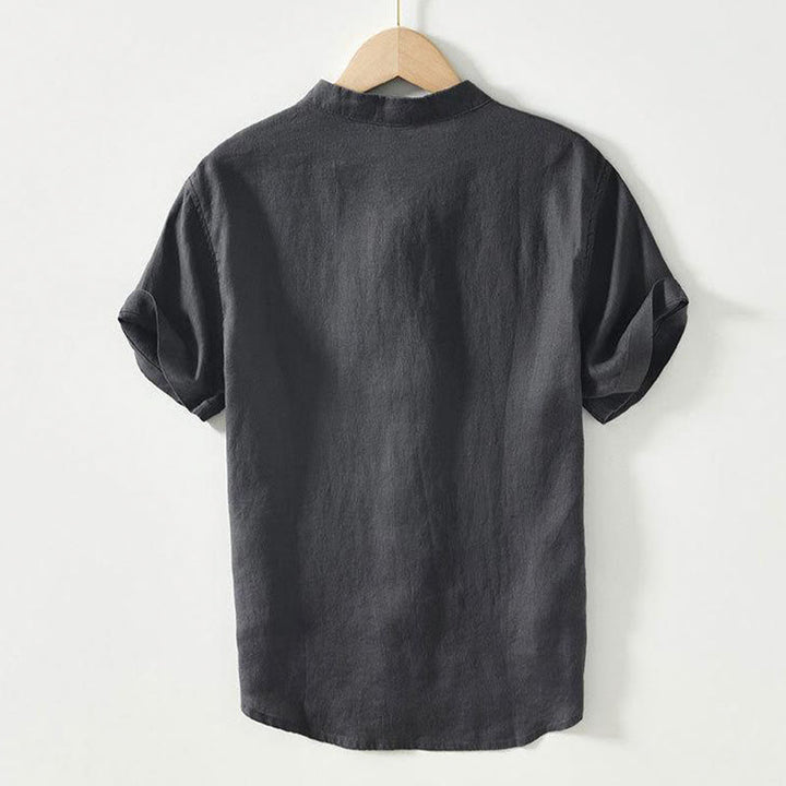 Buddha Stones Daily Frog-Button Stand Collar Short Sleeve Linen Men's Shirt - image 1