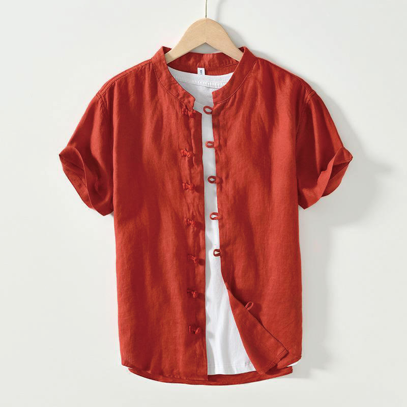 Buddha Stones Daily Frog-Button Stand Collar Short Sleeve Linen Men's Shirt - Red - US/UK/AU42，EU52 (3XL) - image 23