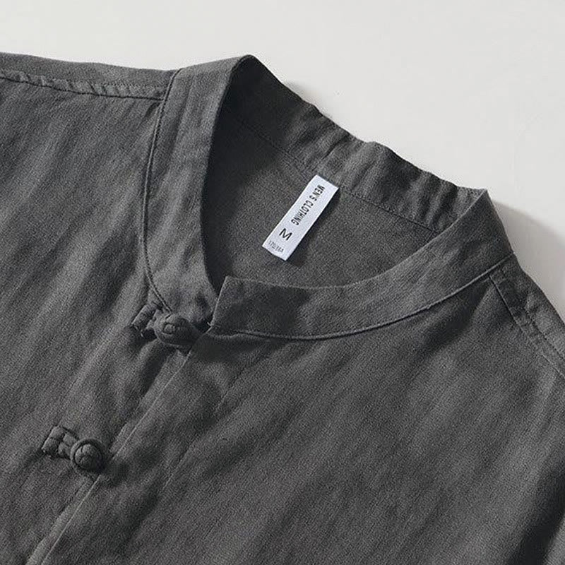 Buddha Stones Daily Frog-Button Stand Collar Short Sleeve Linen Men's Shirt - image 2