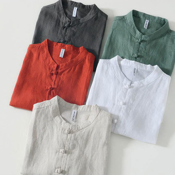 Buddha Stones Daily Frog-Button Stand Collar Short Sleeve Linen Men's Shirt - image 29