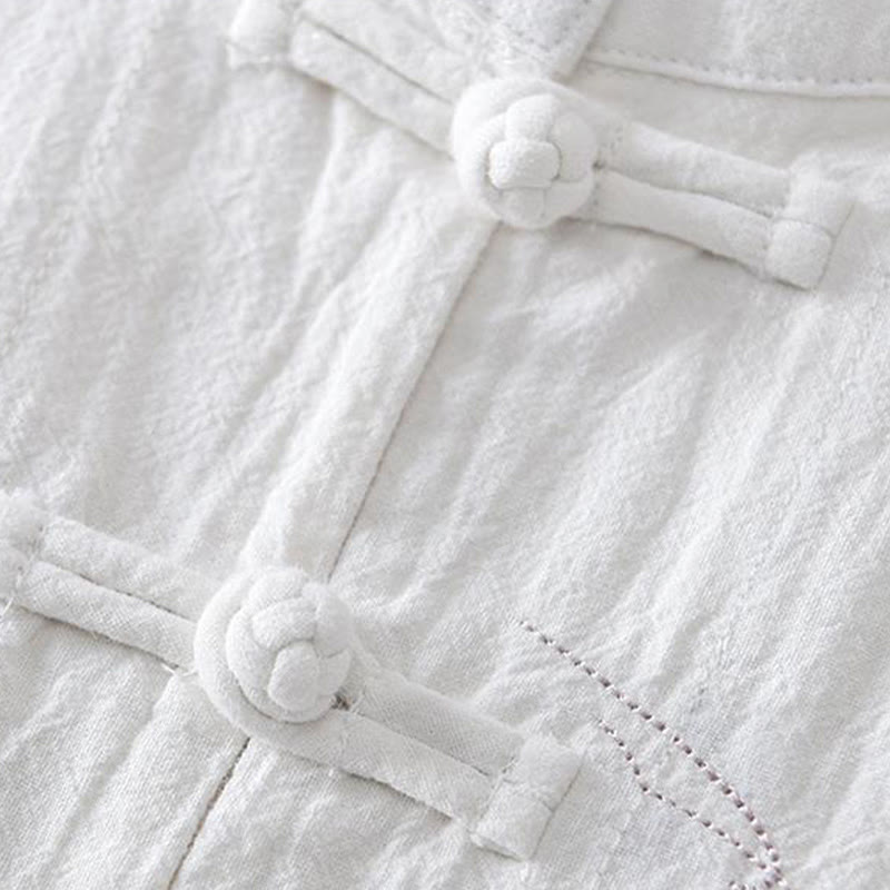 Buddha Stones Frog-button Mandarin Collar Embroidery Cotton Linen Short Sleeve Men's Shirt - image 13