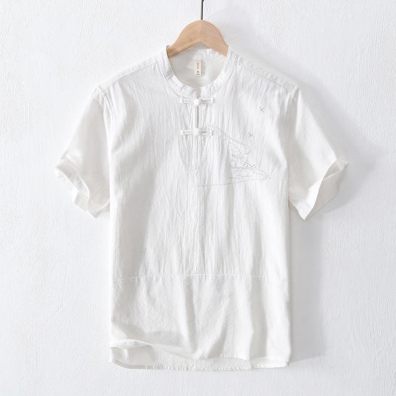 Buddha Stones Frog-button Mandarin Collar Embroidery Cotton Linen Short Sleeve Men's Shirt - White - US/UK/AU42，EU52 (3XL) - image 10