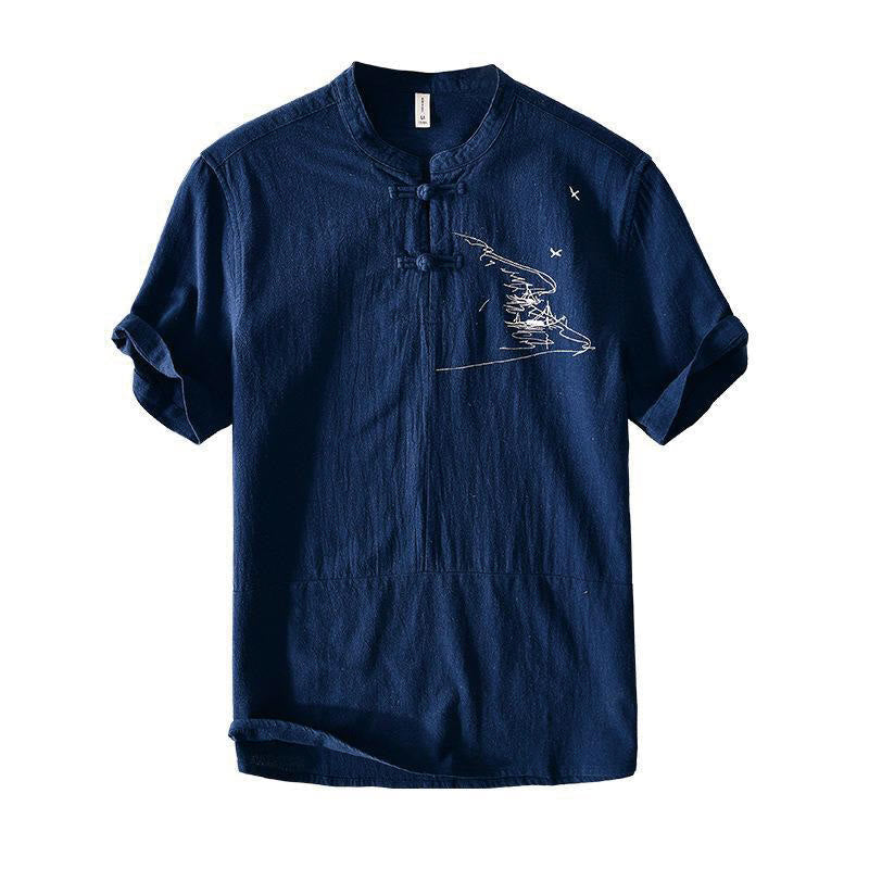 Buddha Stones Frog-button Mandarin Collar Embroidery Cotton Linen Short Sleeve Men's Shirt - image 9