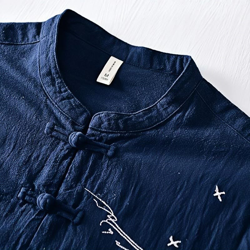 Buddha Stones Frog-button Mandarin Collar Embroidery Cotton Linen Short Sleeve Men's Shirt - image 1