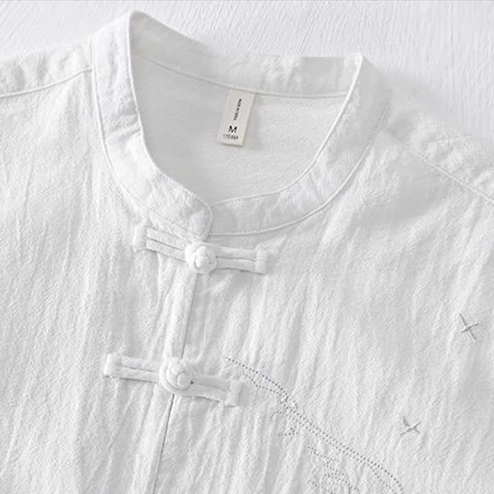 Buddha Stones Frog-button Mandarin Collar Embroidery Cotton Linen Short Sleeve Men's Shirt - image 12
