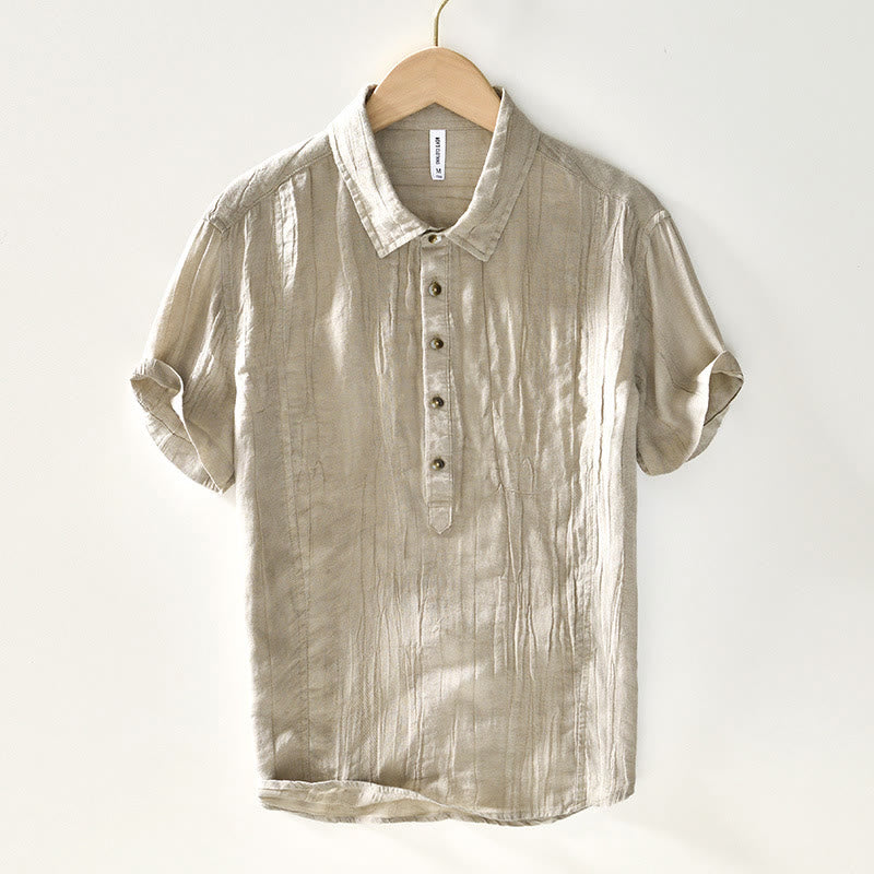 Buddha Stones Causal Plain Lapel Ramie Linen Half Button Men's Shirt - PaleGoldenrod - US/UK/AU44，EU54 (4XL) - image 0