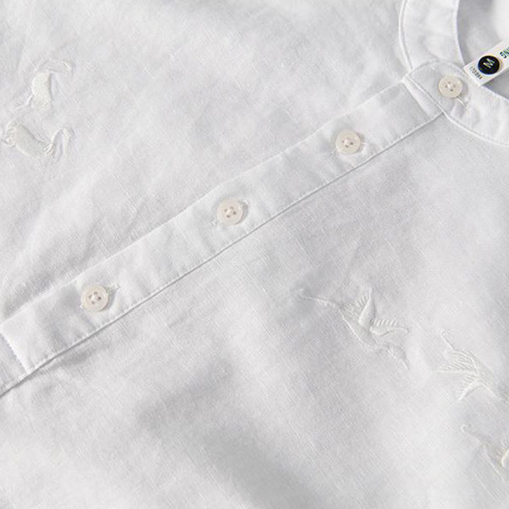 Buddha Stones Soft Embroidery Crane Pattern Stand Collar Cotton Linen Half Button Men's Shirt - image 5