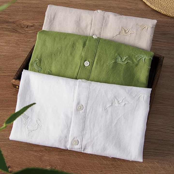 Buddha Stones Soft Embroidery Crane Pattern Stand Collar Cotton Linen Half Button Men's Shirt - image 18