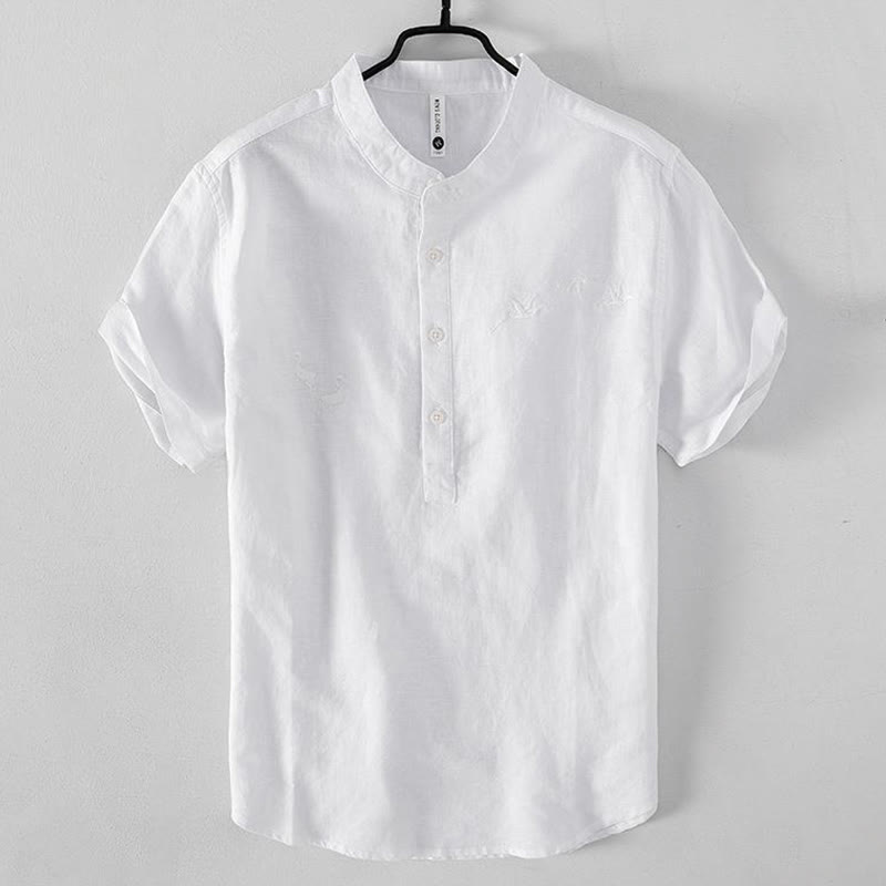Buddha Stones Soft Embroidery Crane Pattern Stand Collar Cotton Linen Half Button Men's Shirt - White - US/UK/AU42，EU52 (3XL) - image 1