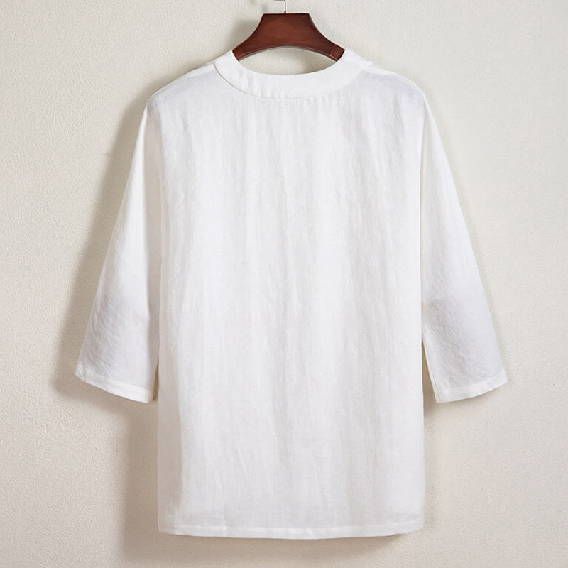 Buddha Stones White Frog-button Linen Three Quarter Sleeve Men's Shirt - image 1