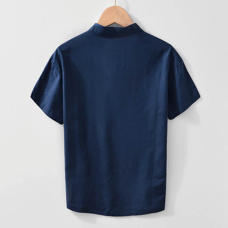 Buddha Stones Soft Plain Frog-button Crew Neck Cotton Linen Half Button Men's Shirt - image 6