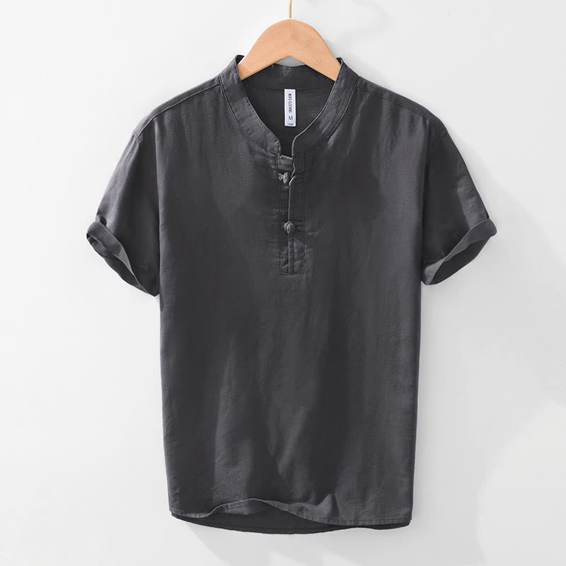 Buddha Stones Soft Plain Frog-button Crew Neck Cotton Linen Half Button Men's Shirt - DimGray - US/UK/AU42，EU52 (3XL) - image 10
