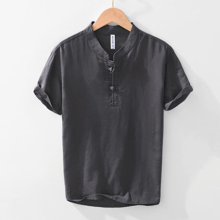 Buddha Stones Soft Plain Frog-button Crew Neck Cotton Linen Half Button Men's Shirt - DimGray - US/UK/AU42，EU52 (3XL) - image 10