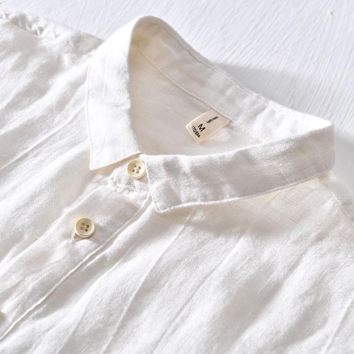 Buddha Stones Simple Design Short Sleeve Lapel Linen Half Button Men's Shirt - image 5