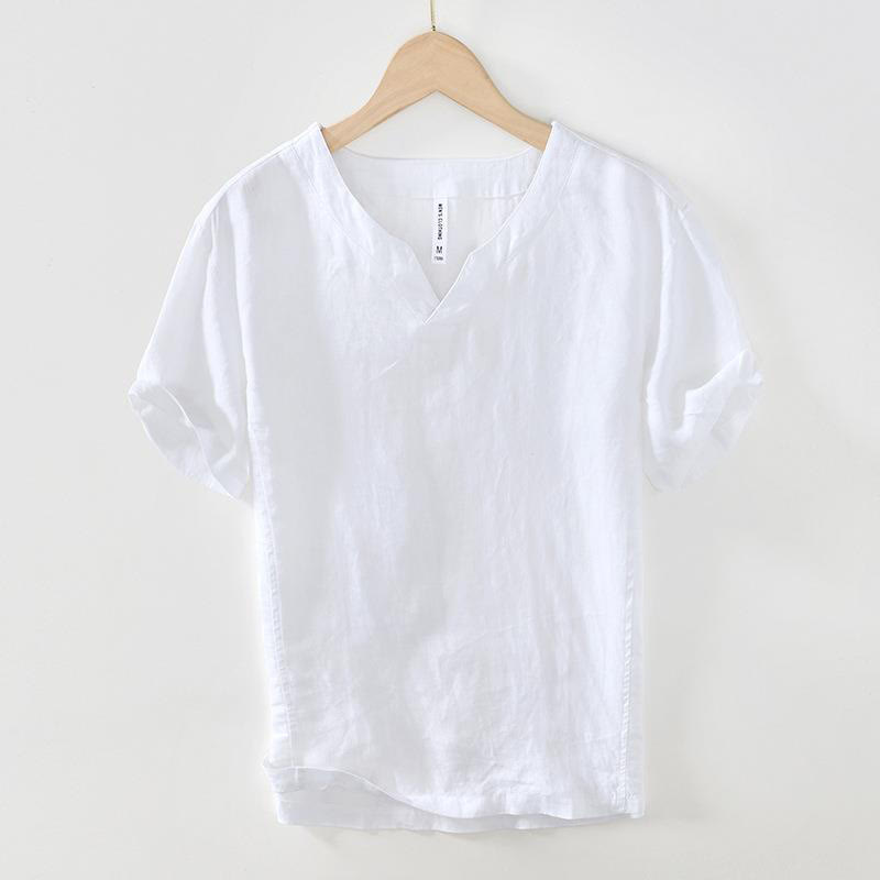 Buddha Stones Casual Plain V-neck Short Sleeve Linen Men's Shirt - White - US/UK/AU42，EU52 (3XL) - image 21