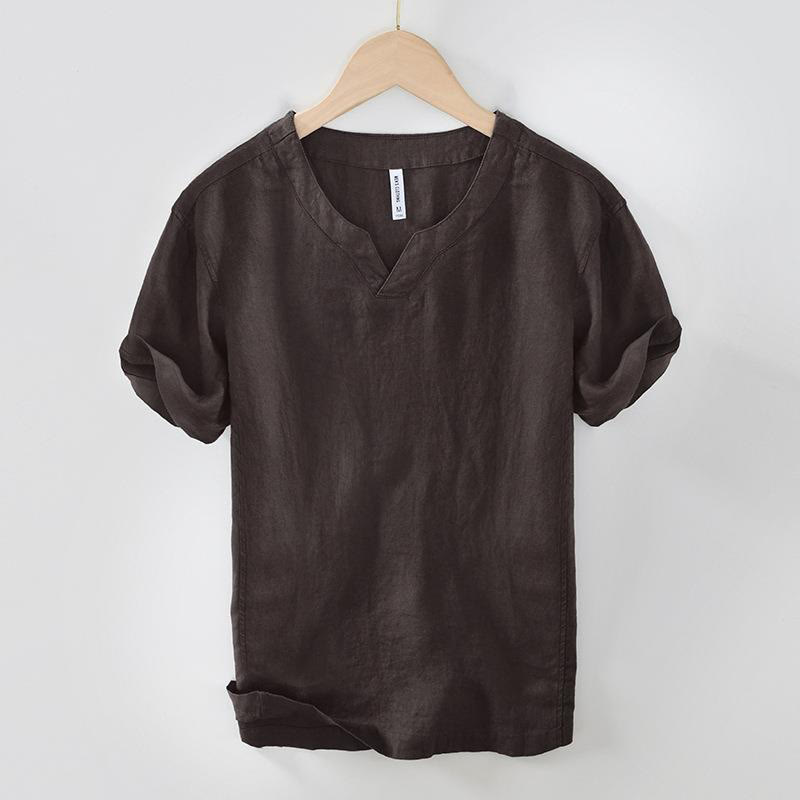 Buddha Stones Casual Plain V-neck Short Sleeve Linen Men's Shirt - SaddleBrown - US/UK/AU42，EU52 (3XL) - image 5