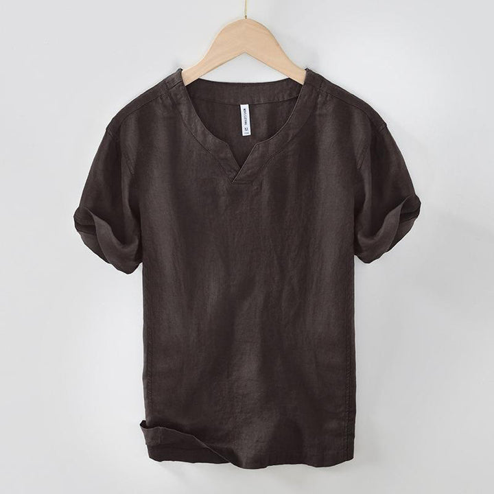Buddha Stones Casual Plain V-neck Short Sleeve Linen Men's Shirt - SaddleBrown - US/UK/AU42，EU52 (3XL) - image 5