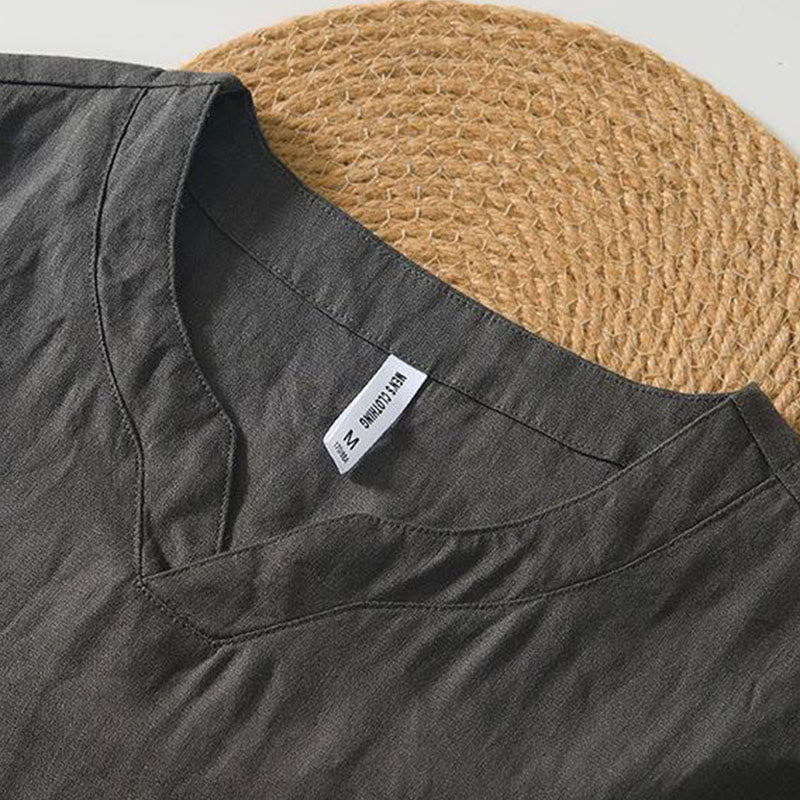 Buddha Stones Casual Plain V-neck Short Sleeve Linen Men's Shirt - image 17
