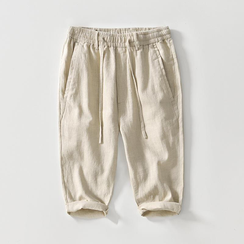Buddha Stones Drawstring Simple Design 7-8 Length Cotton Linen Men's Pants With Pockets - Beige - US/UK/AU42，EU52 (3XL) - image 0