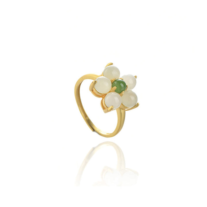 Buddha Stones 925 Sterling Silver Natural Hetian Jade Peach Blossom Flower Luck Adjustable Ring - image 12