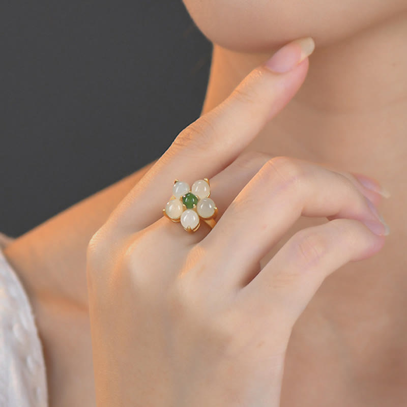 Buddha Stones 925 Sterling Silver Natural Hetian Jade Peach Blossom Flower Luck Adjustable Ring - image 4