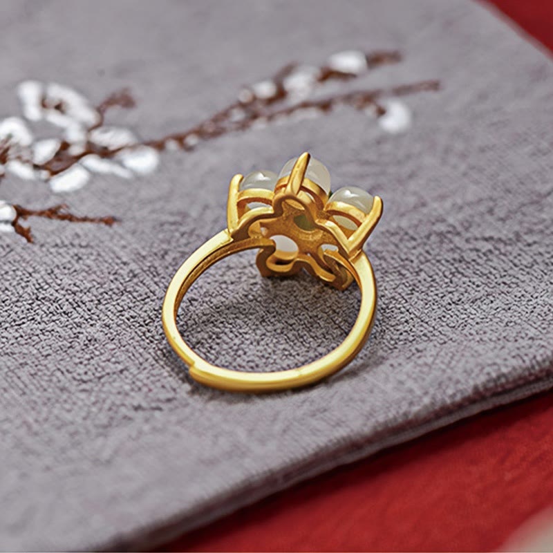 Buddha Stones 925 Sterling Silver Natural Hetian Jade Peach Blossom Flower Luck Adjustable Ring - image 3