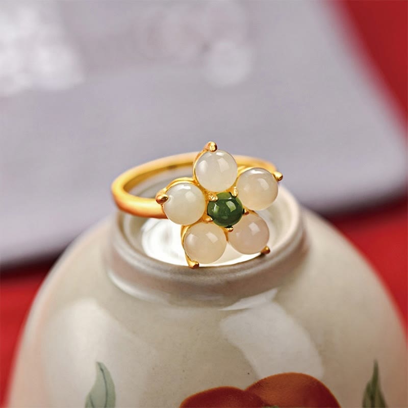Buddha Stones 925 Sterling Silver Natural Hetian Jade Peach Blossom Flower Luck Adjustable Ring - image 2