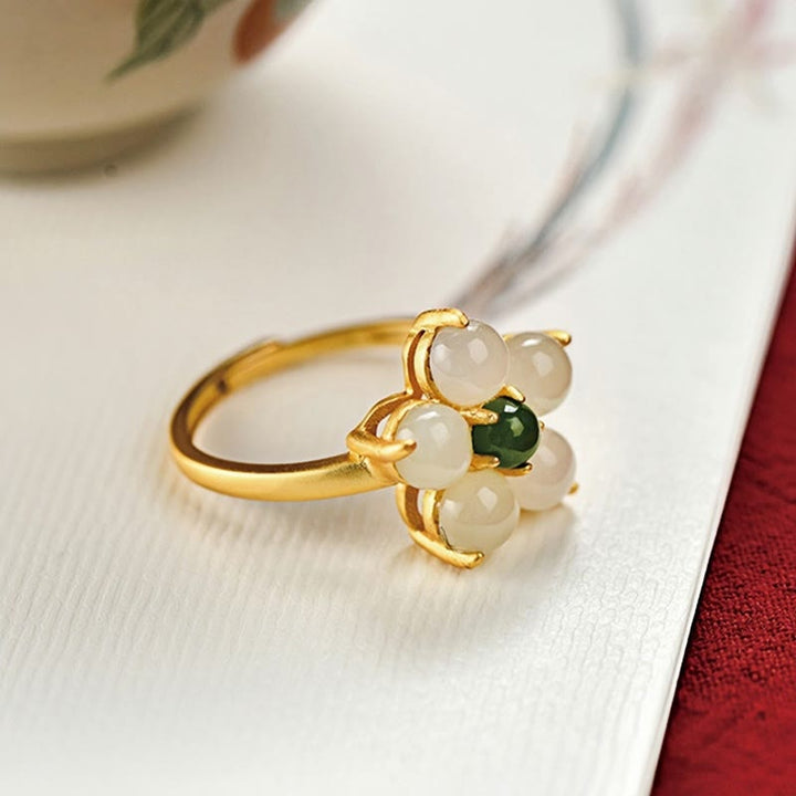Buddha Stones 925 Sterling Silver Natural Hetian Jade Peach Blossom Flower Luck Adjustable Ring - image 11