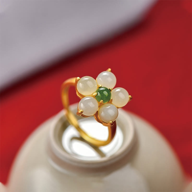 Buddha Stones 925 Sterling Silver Natural Hetian Jade Peach Blossom Flower Luck Adjustable Ring - image 1