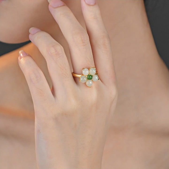 Buddha Stones 925 Sterling Silver Natural Hetian Jade Peach Blossom Flower Luck Adjustable Ring - image 9