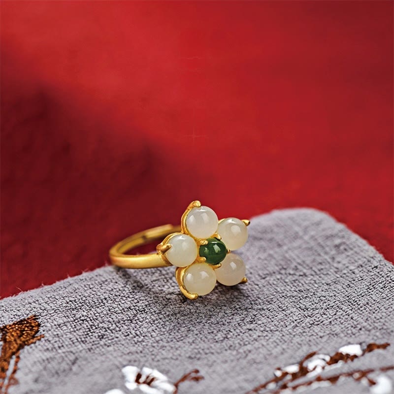 Buddha Stones 925 Sterling Silver Natural Hetian Jade Peach Blossom Flower Luck Adjustable Ring - 16.6mm(Adjustable) - image 0