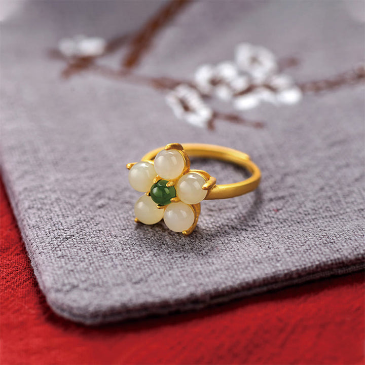 Buddha Stones 925 Sterling Silver Natural Hetian Jade Peach Blossom Flower Luck Adjustable Ring - image 10