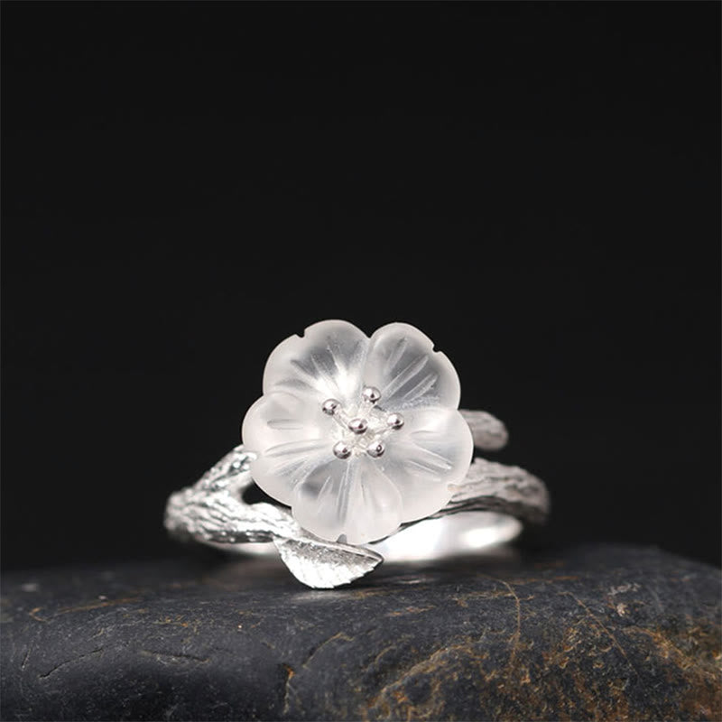 Buddha Stones 925 Sterling Silver White Crystal Skeleton Flower Adjustable Healing Ring - Silver Style(Inner Diameter 17.5mm) - image 0