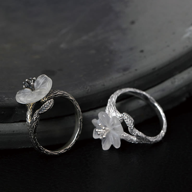 Buddha Stones 925 Sterling Silver White Crystal Skeleton Flower Adjustable Healing Ring - image 11