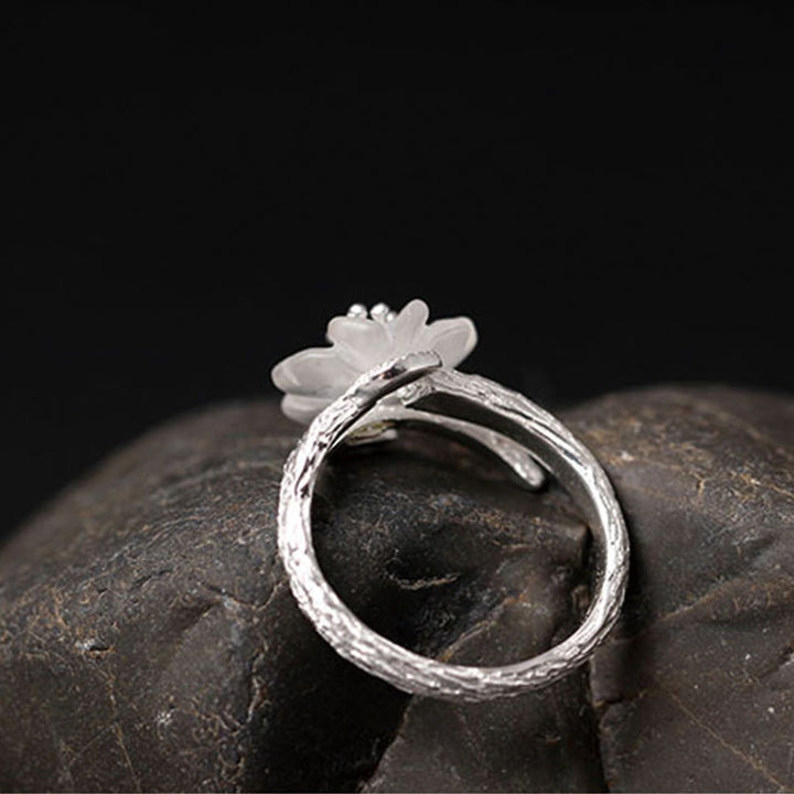Buddha Stones 925 Sterling Silver White Crystal Skeleton Flower Adjustable Healing Ring - image 6