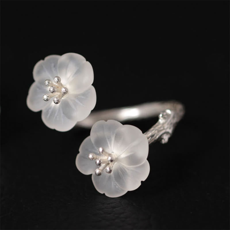 Buddha Stones 925 Sterling Silver White Crystal Double Plum Blossom Flower Adjustable Protection Ring - Silver Style(Inner Diameter 16.4-17.8mm) - image 0