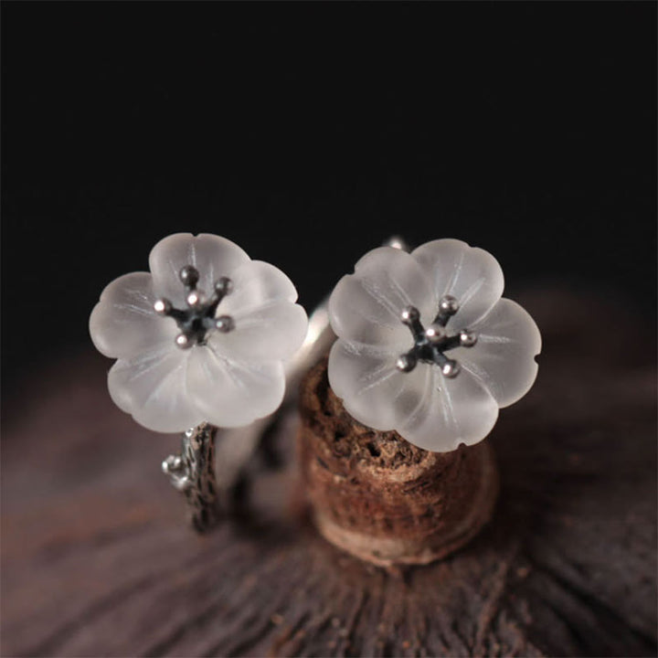 Buddha Stones 925 Sterling Silver White Crystal Double Plum Blossom Flower Adjustable Protection Ring - image 8