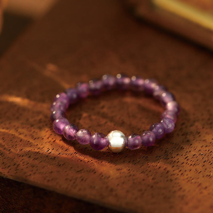 Buddha Stones 925 Sterling Silver Crystal Beads White Jade Black Onyx Blessing Elastic Ring - Amethyst - Elastic String - image 27