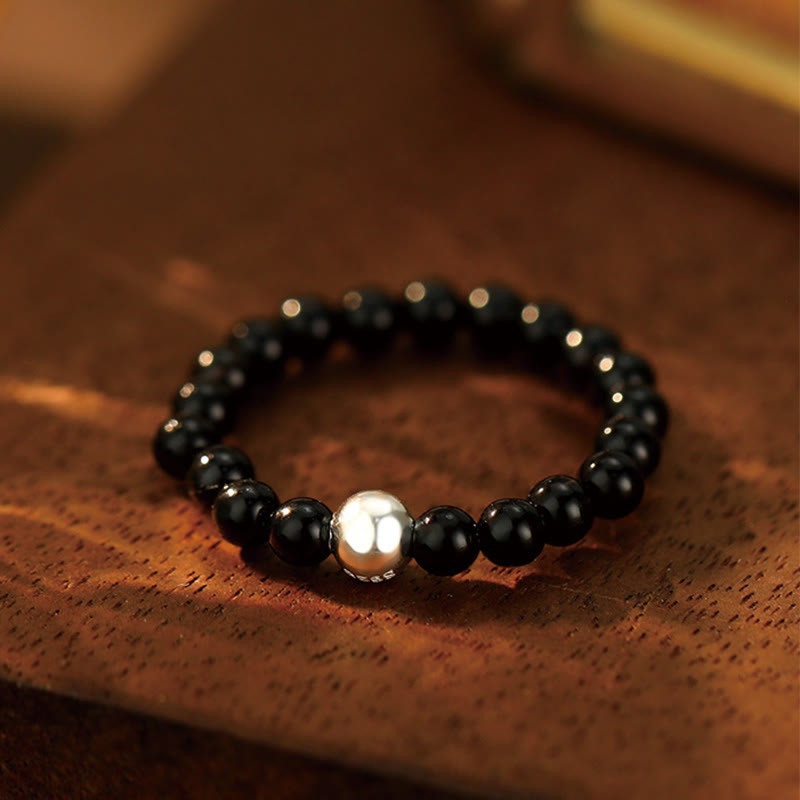 Buddha Stones 925 Sterling Silver Crystal Beads White Jade Black Onyx Blessing Elastic Ring - Black Onyx - Elastic String - image 4