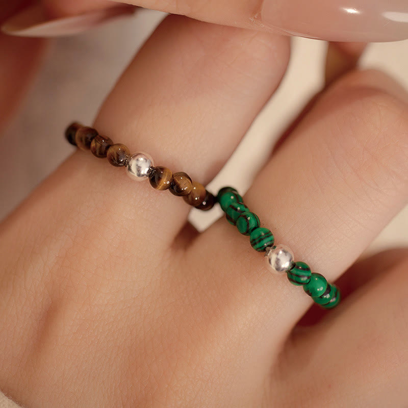 Buddha Stones 925 Sterling Silver Crystal Beads White Jade Black Onyx Blessing Elastic Ring - image 15