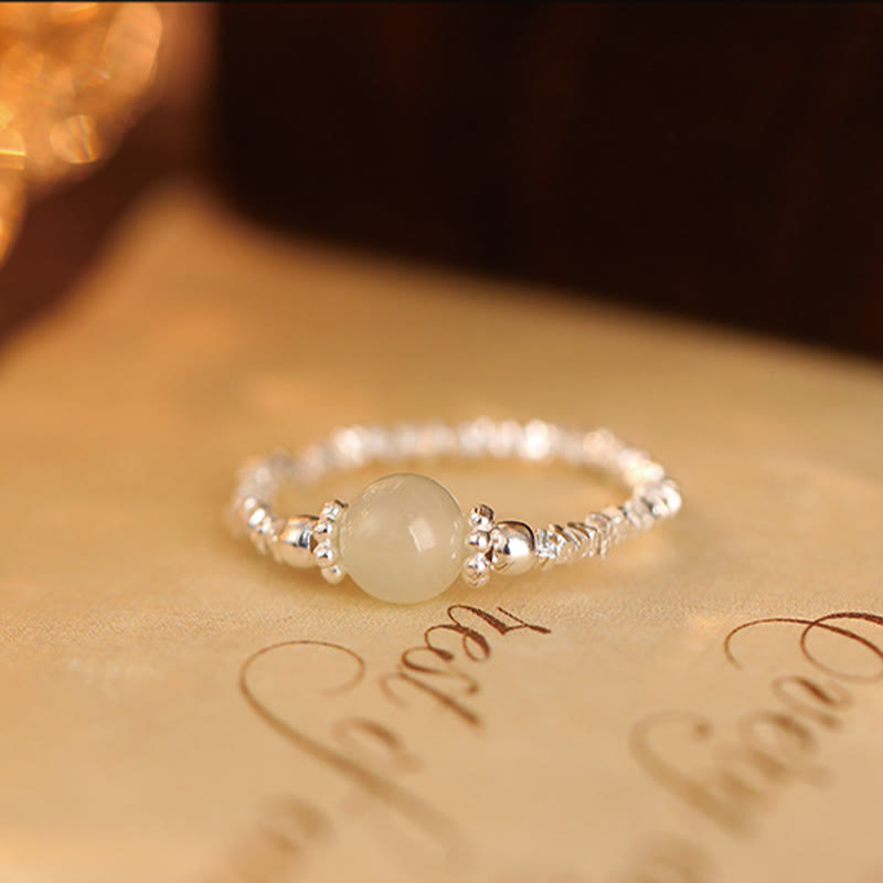 Buddha Stones 925 Sterling Silver Natural Small Hetian Jade Bead Luck Elastic Ring - image 7