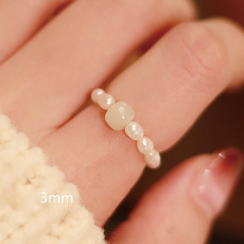 Buddha Stones 925 Sterling Silver Natural Small Hetian Jade Red Agate Pearl Bead Prosperity Elastic Ring - Pearl(Elastic String) - image 8