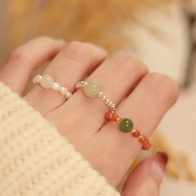 Buddha Stones 925 Sterling Silver Natural Small Hetian Jade Red Agate Pearl Bead Prosperity Elastic Ring - image 0