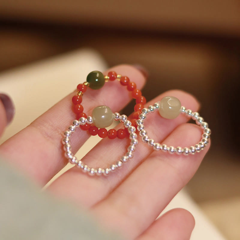 Buddha Stones 925 Sterling Silver Natural Small Hetian Jade Red Agate Pearl Bead Prosperity Elastic Ring - image 9