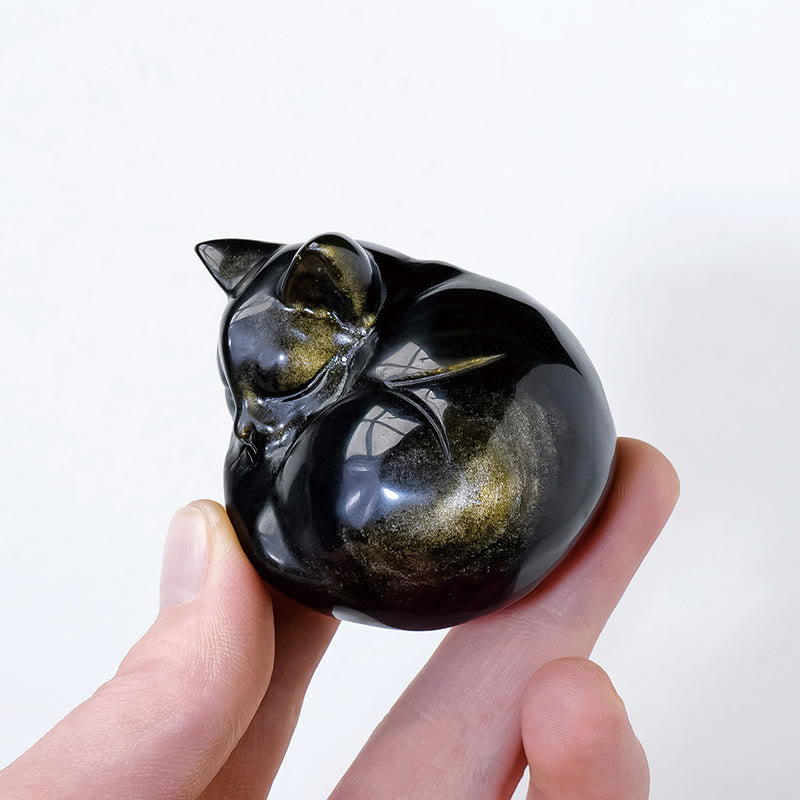 Buddha Stones Natural Gold Sheen Obsidian Sleeping Cat Statue Home Decoration - image 3