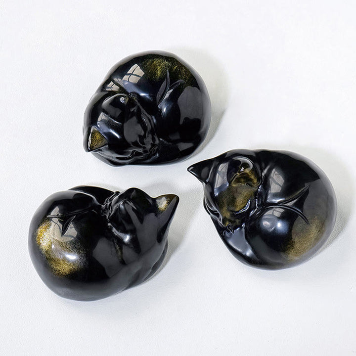 Buddha Stones Natural Gold Sheen Obsidian Sleeping Cat Statue Home Decoration - image 7