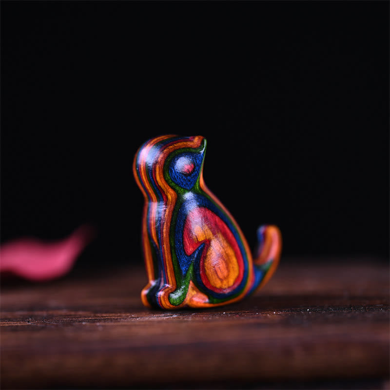 Buddha Stones Small Leaf Red Sandalwood Ebony Wood Sandalwood Green Sandalwood Lucky Mini Cat Deer Sooth Phone Hanging Decoration - Rainbow Cat 3.2*2.8*1.6cm - image 1